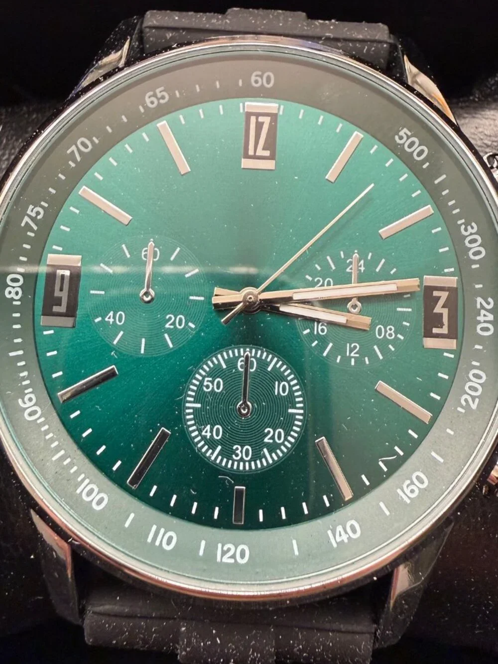 MC Montres Carlo Men's Silver Green Tone Black Band 46mm Quartz Watch NEW